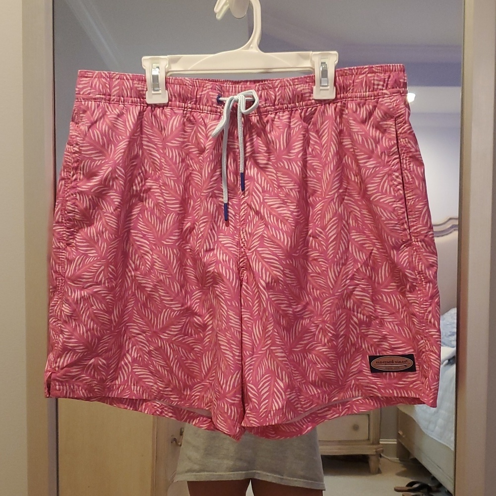 Vineyard Vines Pink Palms 7" Swim Trunks Quick-Dry Elastic Waist Size L